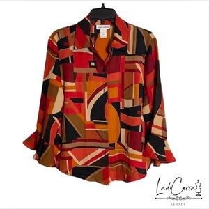 Orange Red Black Block Button Up Blouse Ruffle Sleeve Medium